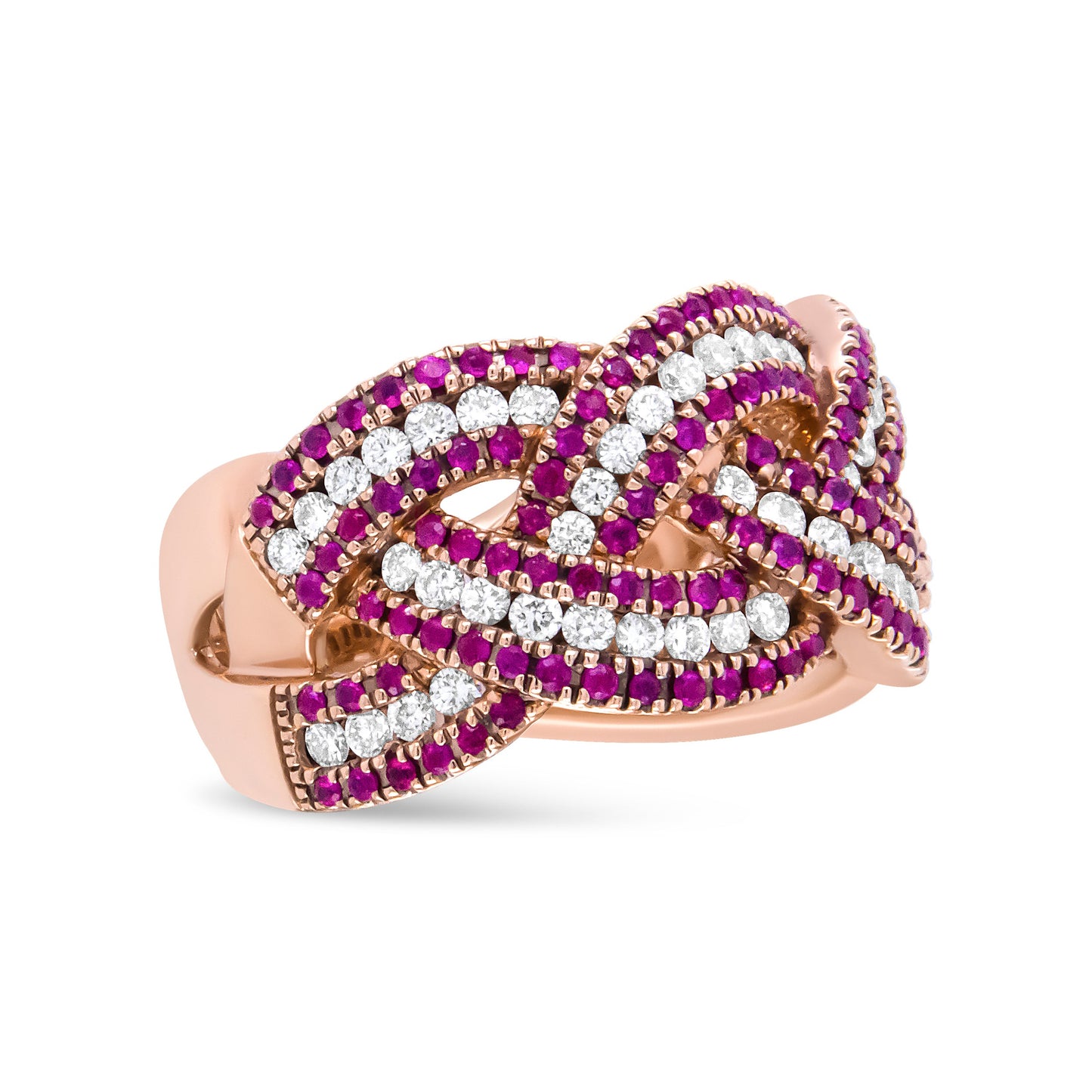 Anillo de banda trenzada de oro rosa de 18 quilates con rubí rojo y diamantes de 7/8 quilates (color F-G, claridad VS1-VS2) - Talla de anillo 7