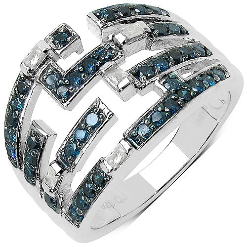 Anillo de plata de ley .925 con diamantes azules y blancos auténticos de 0.59 quilates