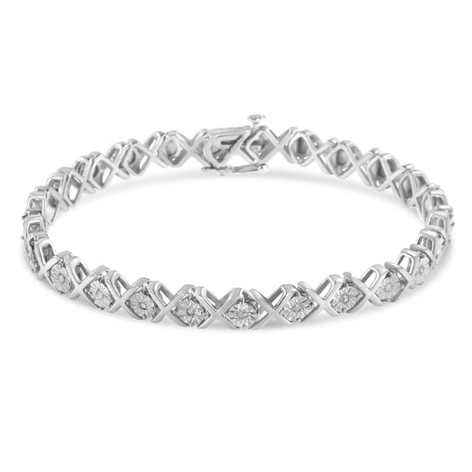 Pulsera de tenis con eslabones en forma de "X" de plata de ley .925 con diamantes redondos engastados con efecto milagro de 1/10 cttw (color I-J, claridad I2-I3) - 7.25"