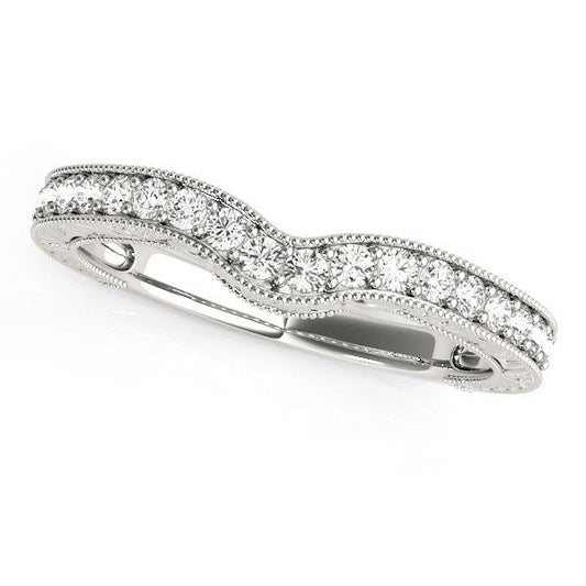 Anillo de boda curvo de oro blanco de 14k con borde de cuentas y diamantes (1/4 cttw)