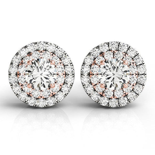 Pendientes de halo redondo de diamantes de oro blanco y rosa de 14k (3/4 cttw)
