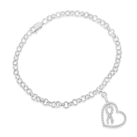 Pulsera de cadena de eslabones de plata de ley .925 de 17,78 cm con dije de corazón y lazo acentuados con diamantes de 1/4 Cttw (color H-I, claridad I1-I2)