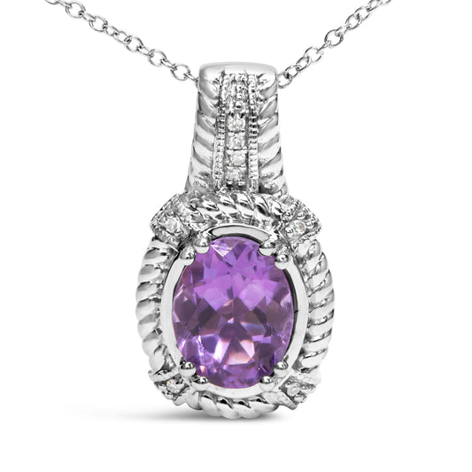 Colgante de gota de moda de plata de ley .925 con amatista morada ovalada de 9x7 mm y acentos de diamantes redondos, collar de 18 pulgadas (color I-J, claridad I1-I2)