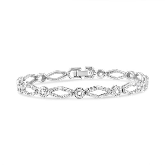 Pulsera de eslabones estilo vintage con alternancia de círculos y cometas, con incrustaciones de diamantes de 1 1/2 quilates en plata de ley .925 (color I-J, claridad I2-I3), 7 pulgadas
