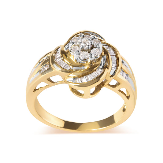 Anillo de cóctel en espiral de flor con diamantes redondos y baguette de 1/2 quilate en oro amarillo de 10 quilates (color I-J, claridad SI2-I1) - Talla 7