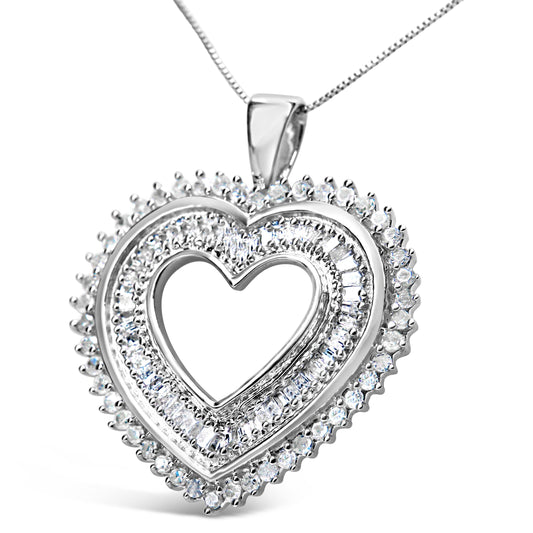 Collar con colgante de corazón de plata de ley .925 con diamantes redondos y baguette de 1.0 quilates, 18" (color H-I, claridad I3)