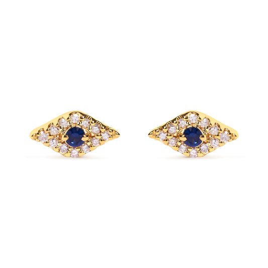 Pendientes de tuerca de oro amarillo de 10 quilates con zafiro azul y acento de diamante de ojo turco (color H-I, claridad I1-I2)