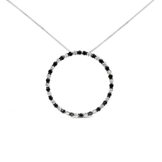 Collar con colgante de aro abierto de plata de ley .925 con diamantes blancos y negros alternados de 3.0 quilates (color H-I, claridad I3) - 18 pulgadas
