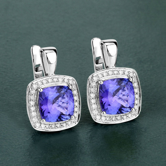 Pendientes de tanzanita auténtica de 5,95 quilates y diamantes blancos en oro blanco de 14 quilates