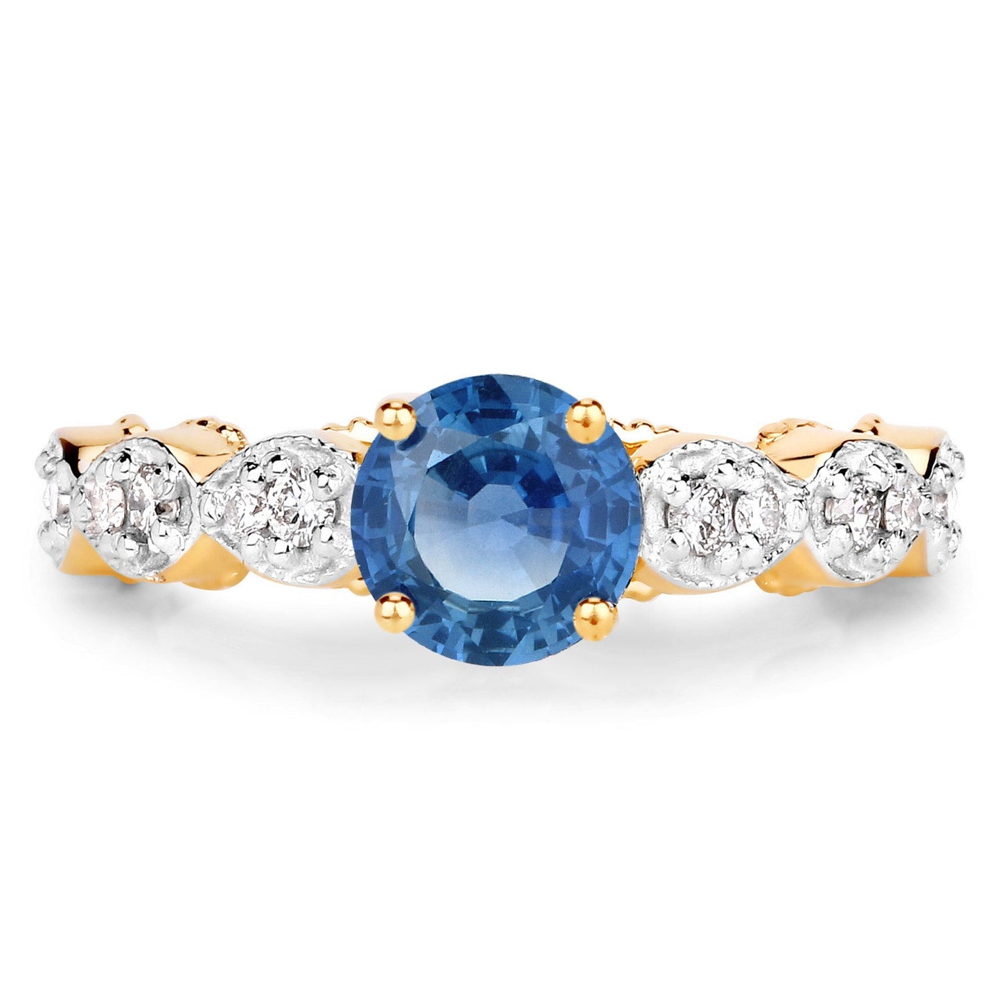 Anillo de oro amarillo de 14K con zafiro azul genuino de 1.27 quilates y diamantes blancos
