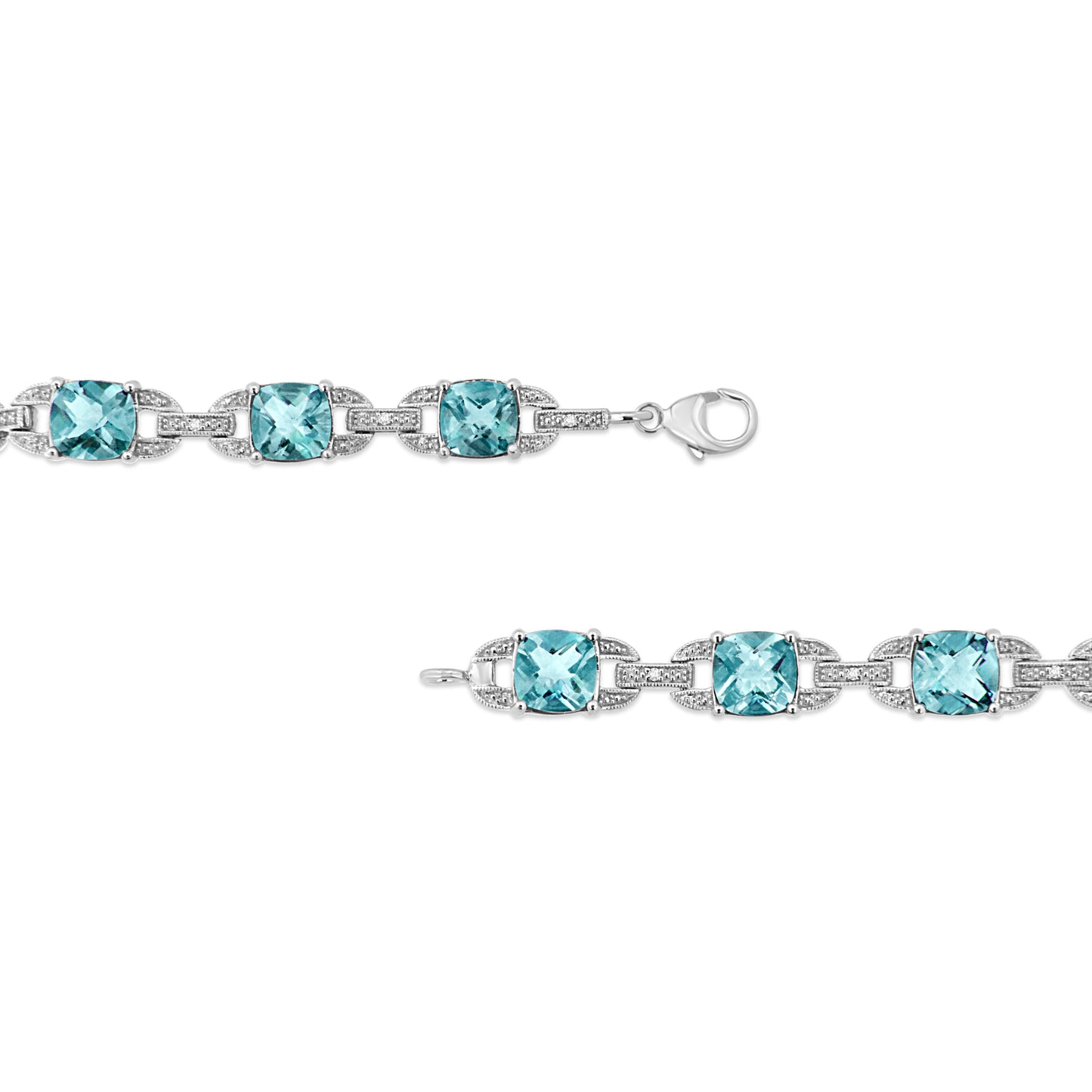 Pulsera de tenis de moda de plata de ley .925 con topacio azul de talla cojín de 7x7 mm y diamantes redondos de 1/20 quilates (Color I-J, Claridad I1-I2) - 7"