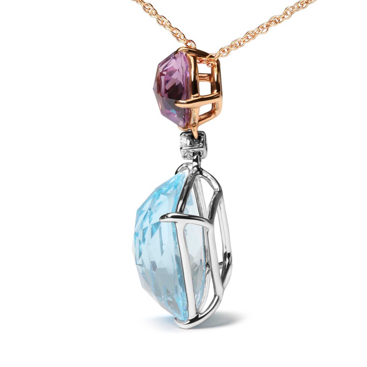 Collar con colgante de oro blanco y rosa de 18 quilates con acento de diamante redondo y amatista rosa de Francia redonda y topacio azul cielo de talla cojín, 18 pulgadas (Color G-H, Claridad SI1-SI2)