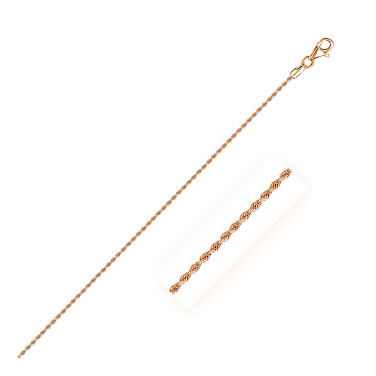 Cadena de cuerda sólida de oro rosa de 14k con corte de diamante de 1.5mm