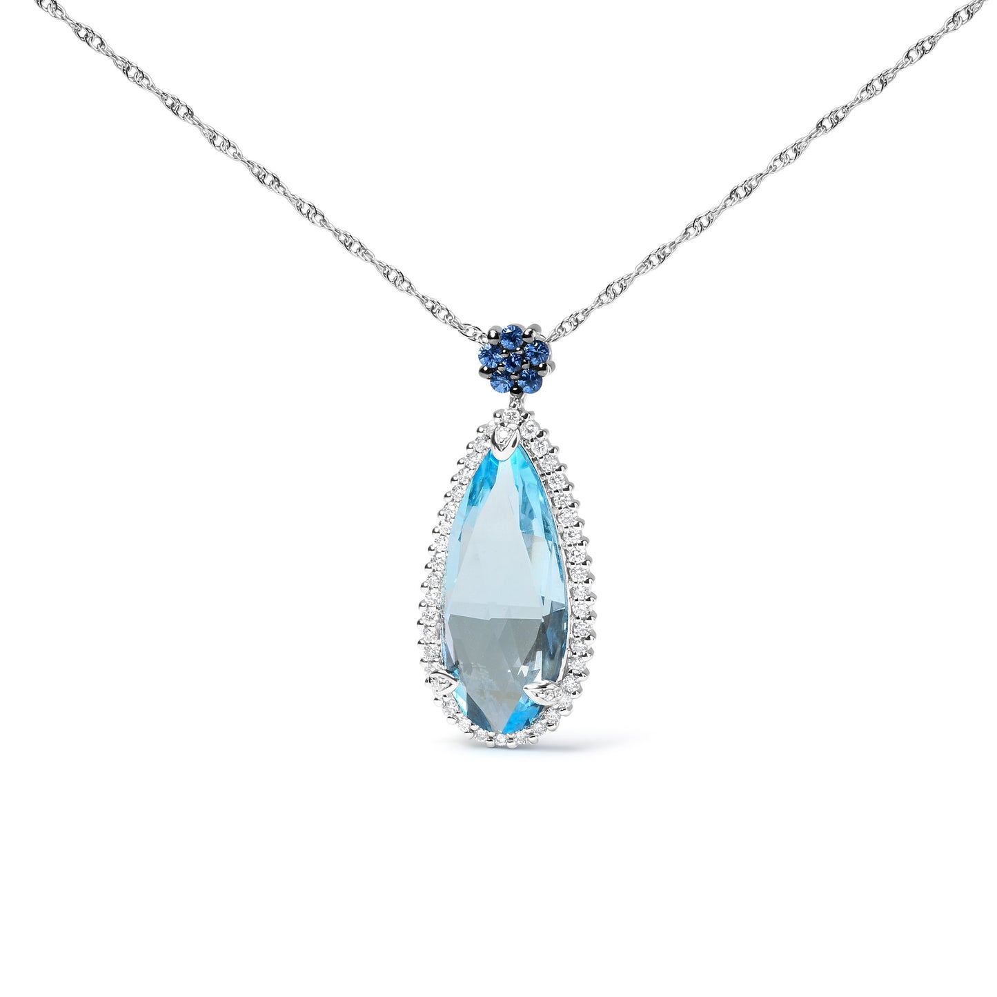 Collar con colgante de oro blanco de 18 K de 0,375 quilates con diamantes engastados en pavé, topacio azul cielo y zafiro azul con forma de lágrima floral de 45,72 cm (color G-H, claridad SI2-I1)
