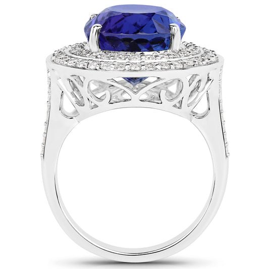 Anillo de oro blanco de 18 quilates con tanzanita genuina de 13,78 quilates y diamantes blancos