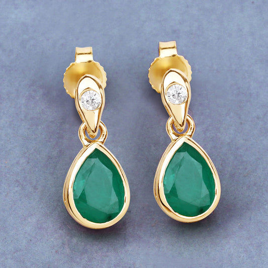 1.35 Carat Genuine Zambian Emerald and White Diamond 14K Yellow Gold Earrings - view 2