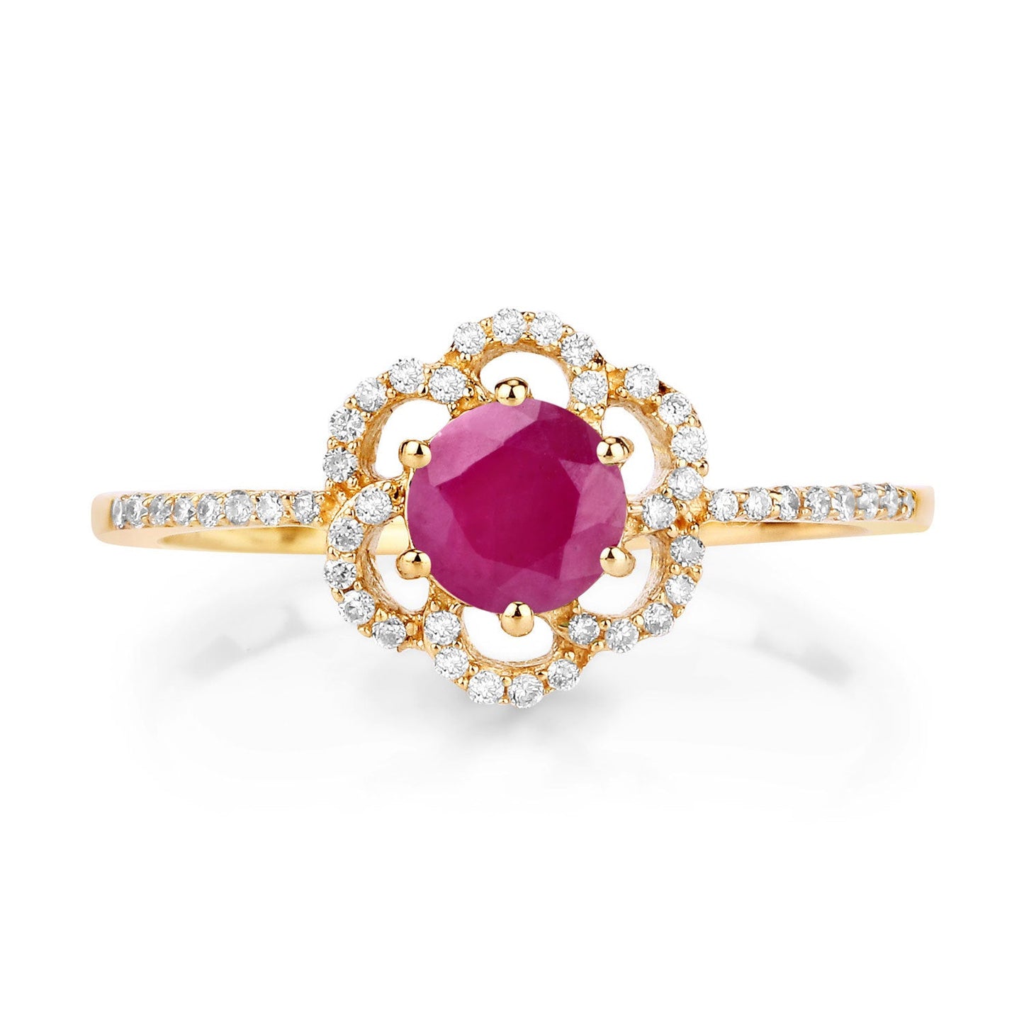 Anillo de oro amarillo de 14K con rubí genuino de 0,68 quilates y diamantes blancos