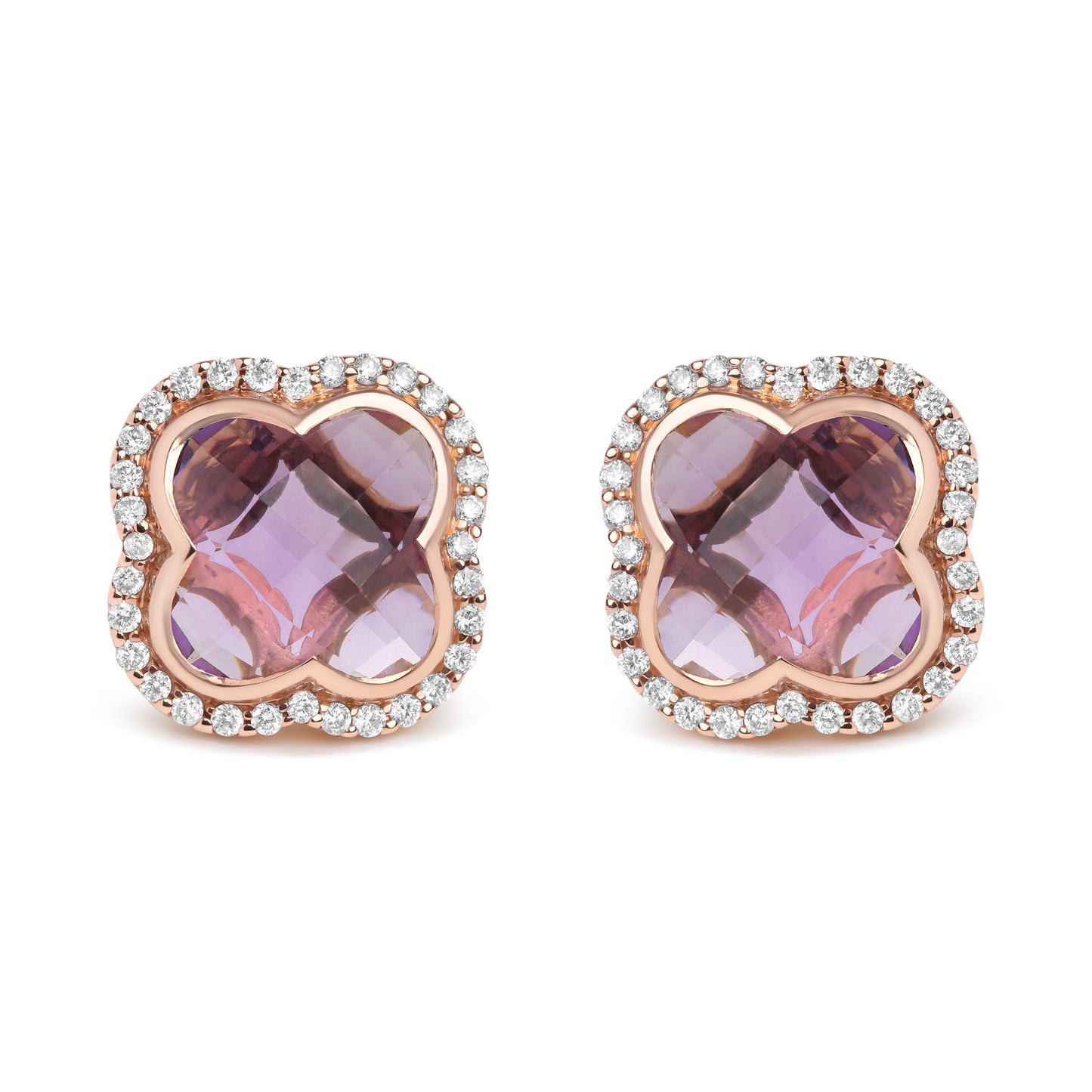 Pendientes de botón en oro rosa de 18K con diamantes de 3/8 Cttw y amatistas moradas de 11x11mm talla trébol en halo (color G-H, claridad SI1-SI2)