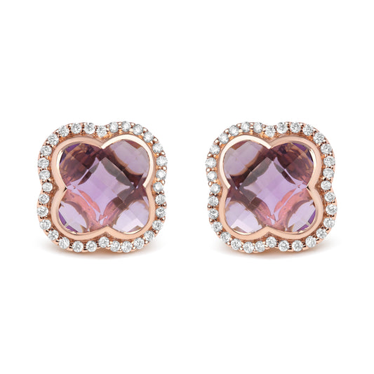 Pendientes de botón en oro rosa de 18K con diamantes de 3/8 Cttw y amatistas moradas de 11x11mm talla trébol en halo (color G-H, claridad SI1-SI2)