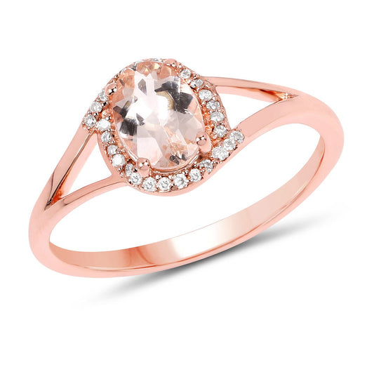 Anillo de oro rosa de 14 quilates con morganita genuina de 0,78 quilates y diamante blanco