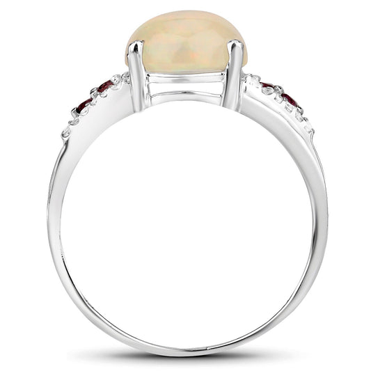 Anillo de plata de ley .925 con ópalo etíope genuino de 2.05 quilates, turmalina rosa y topacio blanco
