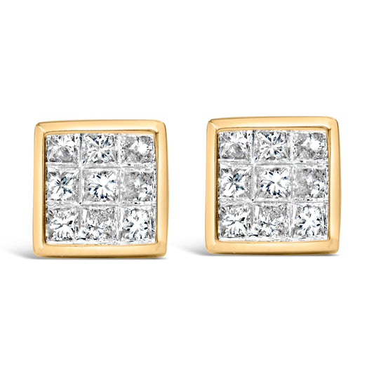 Pendientes de tuerca de oro amarillo de 14 quilates con diamantes de talla princesa de 1,0 quilates en total y cierres de rosca (color J-K, claridad SI1-SI2)