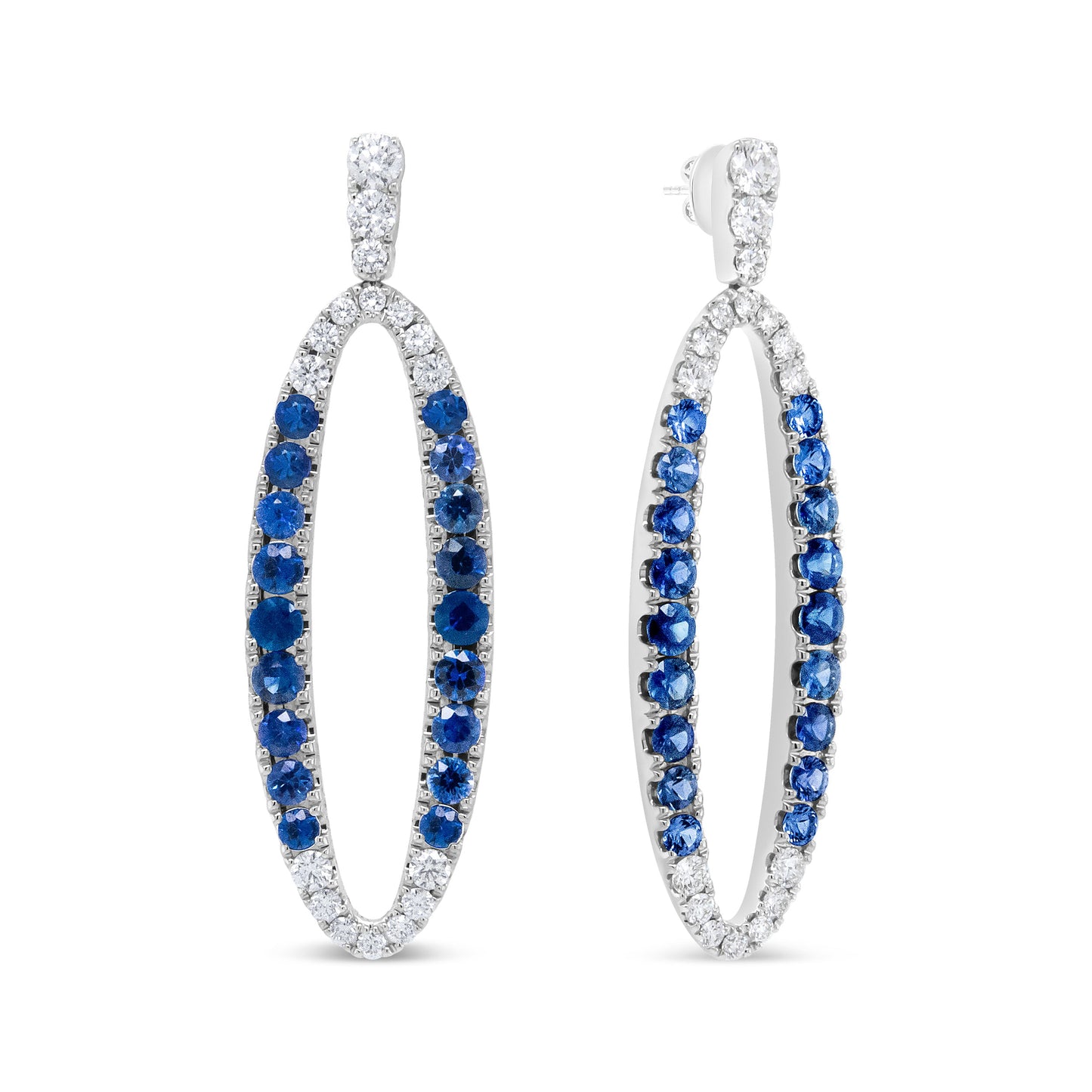 Pendientes Colgantes Ovalados Calados de Oro Blanco de 18K con Diamantes Azules Redondos de 1.11 Cttw y Zafiros Azules (Color F-G, Claridad VS1-VS2)