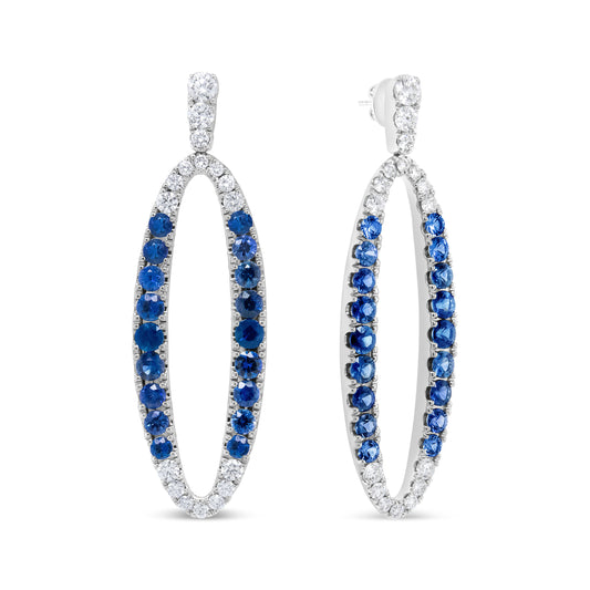 Pendientes Colgantes Ovalados Calados de Oro Blanco de 18K con Diamantes Azules Redondos de 1.11 Cttw y Zafiros Azules (Color F-G, Claridad VS1-VS2)