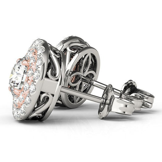 Pendientes de halo redondo de diamantes de oro blanco y rosa de 14k (3/4 cttw)