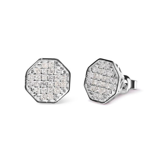 Pendientes de botón en oro blanco de 10K con diamante princesa de 7/8 Cttw en forma de octágono (color I-J, claridad I1-I2)