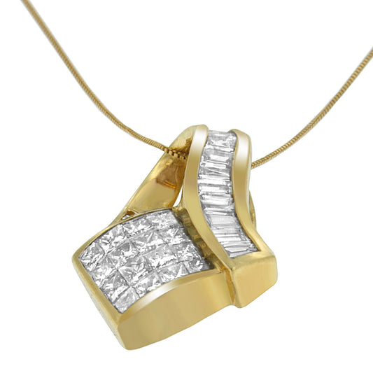 Collar con colgante Art Deco de oro amarillo de 14k con diamantes talla princesa y baguette de 2.0 Cttw (color G-H, claridad VS1-VS2) - 18 pulgadas