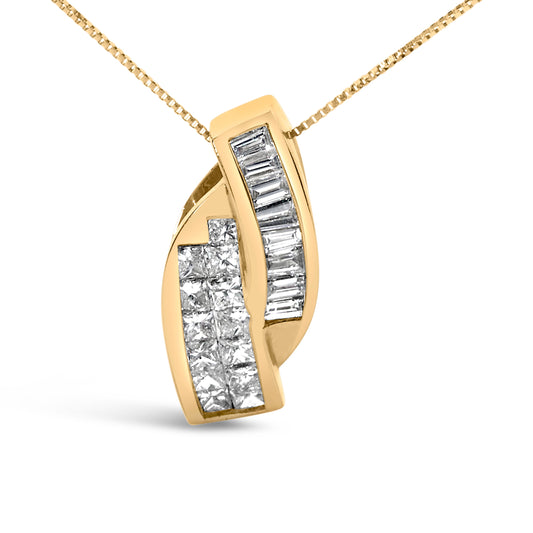 Collar con colgante doble curvo de oro amarillo de 14k con diamantes talla princesa y baguette de 1 1/3 Cttw (color H-I, claridad VS1-VS2) - CADENA NO INCLUIDA