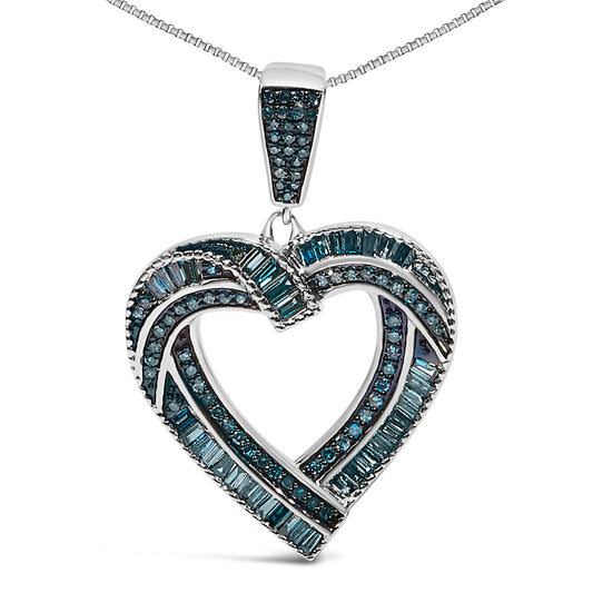 .925 Sterling Silver 1.00 Cttw Baguette and Round Blue Diamond Open Heart Pendant Necklace