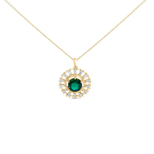 14KT Yellow Gold Plated .925 Sterling Silver Lab Grown Emerald and Baguette Diamond Medallion Pendant Necklace