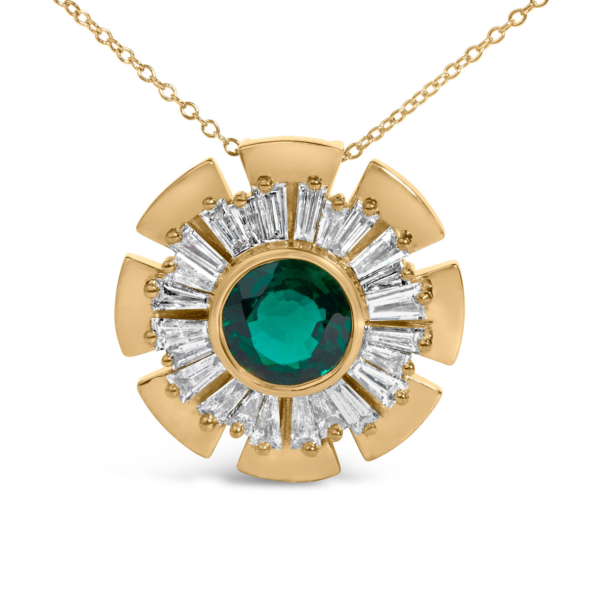 14K Yellow Gold Plated .925 Sterling Silver Lab Grown Emerald and Baguette Diamond Medallion Pendant Necklace