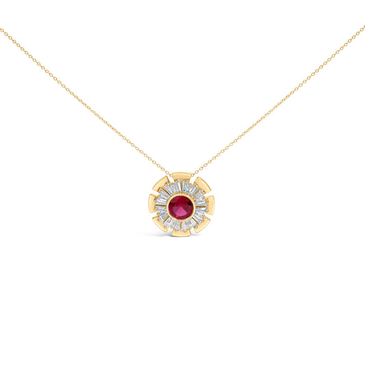 14K Yellow Gold Plated Silver Created Red Ruby and Diamond Baguette Medallion Pendant Necklace
