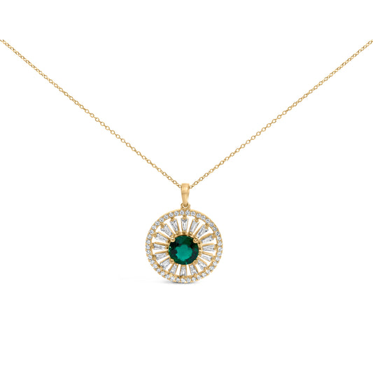 14K Yellow Gold Plated Sterling Silver Lab Grown Emerald and Diamond Sunburst Medallion Pendant Necklace