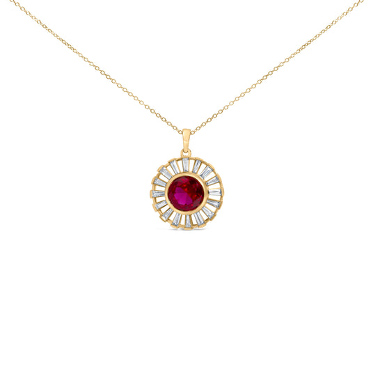 14K Yellow Gold Plated Silver Created Red Ruby and Baguette Diamond Sunburst Medallion Pendant Necklace