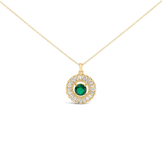 14K Yellow Gold Plated Silver Lab Grown Emerald and Diamond Sunburst Medallion Pendant Necklace