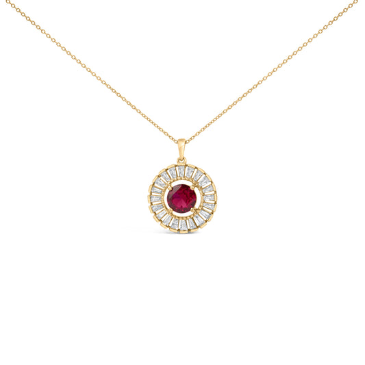 14K Yellow Gold Plated Sterling Silver Created Red Ruby and Diamond Medallion Pendant Necklace