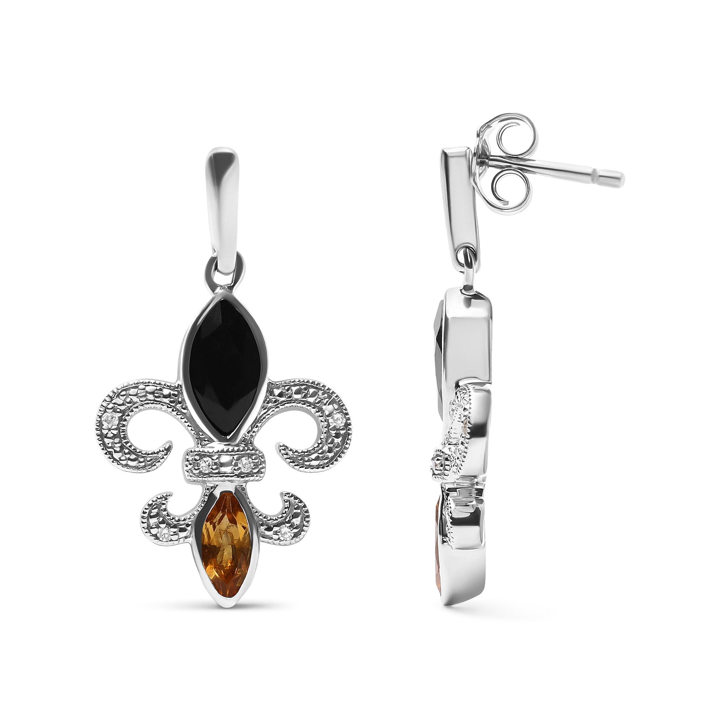 Pendientes colgantes de plata de ley .925 con forma de flor de lis, ónix y citrino talla marquesa con acento de diamante (color H-I, claridad SI1-SI2)