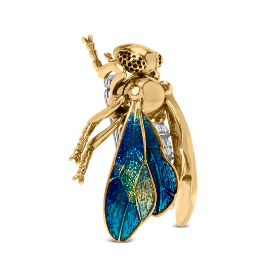 Broche de abeja de oro amarillo de 18 quilates con pavé de diamantes de 1/2 quilate y esmalte azul verdoso (color F-G, claridad VS1-VS2)