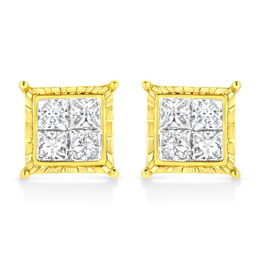 Pendientes de tuerca cuadrados de oro amarillo de 14K con diamantes talla princesa de 1 quilate de peso total