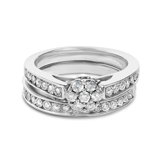 Juego nupcial de plata de ley con racimo de diamantes de 1/2 quilate en forma de flor