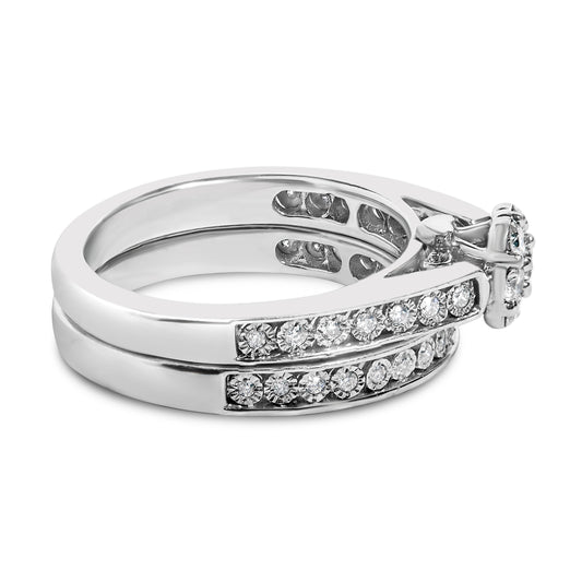Juego nupcial de plata de ley con racimo de diamantes de 1/2 quilate en forma de flor