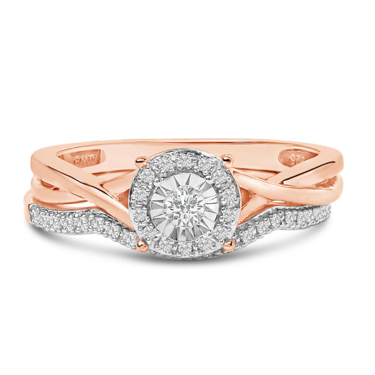 Juego de Novia Halo Redondo de Diamantes de 1/6 ct. de Plata Fina con Baño de Oro Rosa de 14K