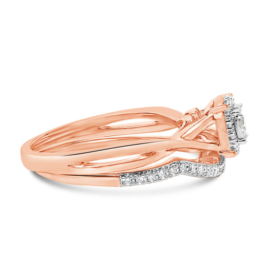 Juego de Novia Halo Redondo de Diamantes de 1/6 ct. de Plata Fina con Baño de Oro Rosa de 14K