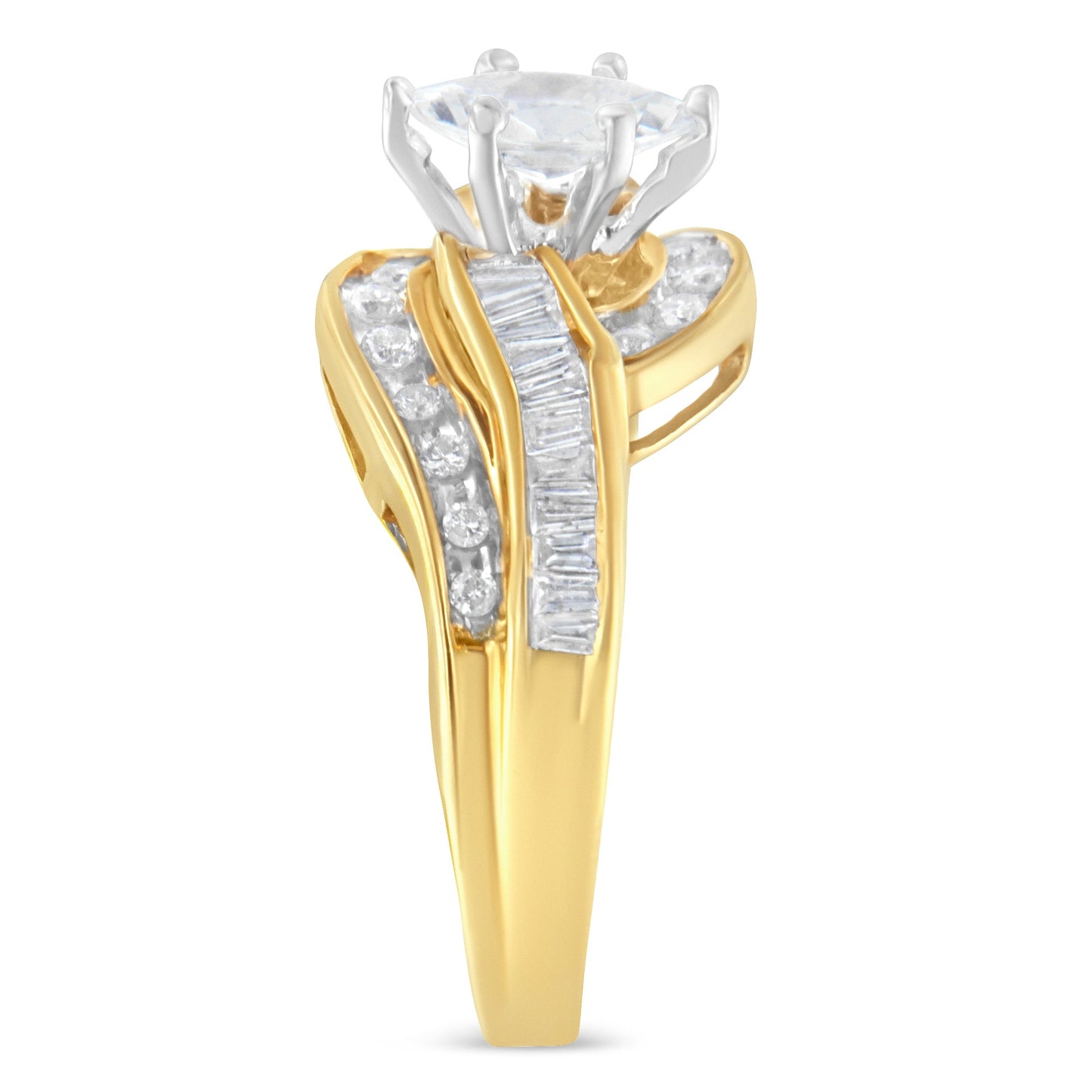 Anillo de oro bicolor de 14 K con diamantes talla marquesa, baguette y redonda (1 qt total, color H-I, claridad SI1-SI2) (Talla 7)