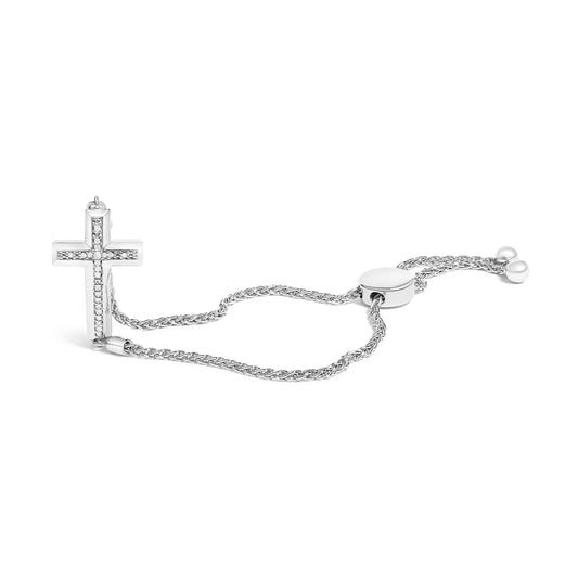 Pulsera Bolo con cruz acentuada con diamantes de plata de ley .925 (color I-J, claridad I1-I2) - 7"