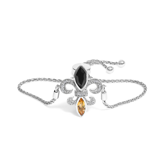 Brazalete bolo ajustable de plata de ley .925 con ónix negro marquesa, citrino naranja y acento de diamante, lariat de 4 a 10 pulgadas con flor de lis (color I-J, claridad I1-I2) - 7"